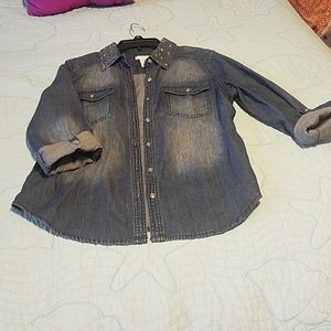 Chico's Denim Beaded Collar Top